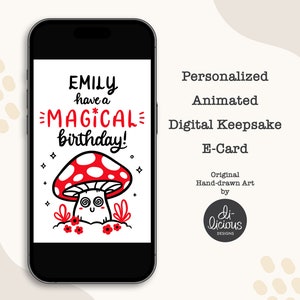 Biglietto d'auguri animato personalizzato / Arte personalizzata del fungo magico / Biglietto d'auguri con nome personalizzato / Disegno unico nel suo genere