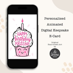 Biglietto d'auguri animato personalizzato / Arte personalizzata cupcake rosa / Biglietto d'auguri con nome personalizzato / Disegno unico nel suo genere
