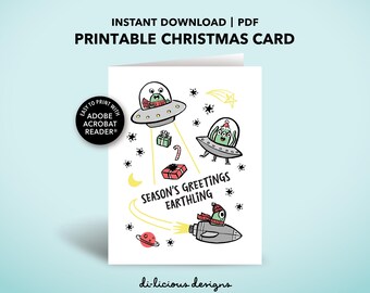 Aliens Christmas Card, Season’s Greetings, Martians in Flying Saucers, Spaceships, UFOs, DIY Printable Greeting Card, Instant Download PDF