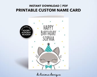 Personalized Siamese Cat Birthday Card, Lilac Point Siamese Cat, DIY Printable Greeting Card, Instant Download PDF Template