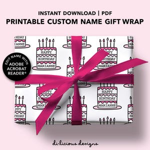 May include: Printable gift wrap with a pink and white cake design. The wrap features the text "Happy Birthday" and a customizable name. The text "Edit Name with Adobe Acrobat Reader" is on a black circle.