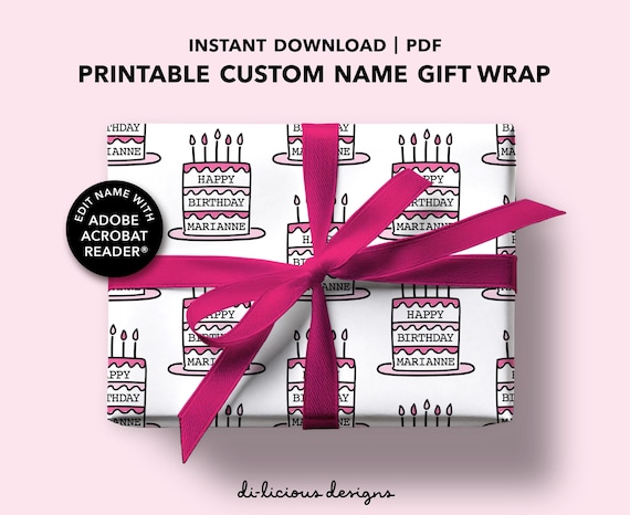 Personalized Birthday Cake Wrapping Paper, Custom Name Birthday Gift Wrap, DIY Printable Gift Wrap, Editable PDF