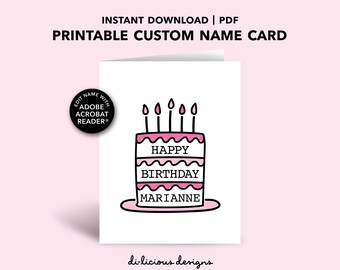Personalized Birthday Cake Card, Custom Name Birthday Card, DIY Printable Card, Editable PDF Template