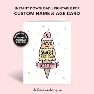 Printable Custom Name Birthday Card | Personalized Birthday Card | Ice Cream Birthday Card |  Sweet Birthday | Editable DIY Birthday Card