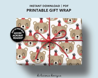 Bear Wrapping Paper, Happy Bear-Day, Birthday Gift Wrap, DIY Printable Gift Wrap, Instant Download PDF
