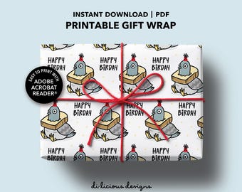 Pudgy Pigeon Wrapping Paper, Party Pigeon, Printable Birthday Gift Wrap, DIY Gift Wrap, Instant Download PDF