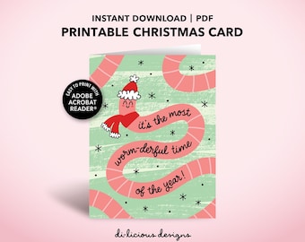 Funny Worm Pun Christmas Card, Printable DIY Card, PDF Template