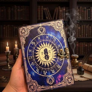 Puede incluir: Un diario azul oscuro con un dise&ntilde;o celestial que presenta un sol y una luna, rodeados de s&iacute;mbolos del zodiaco. La cubierta tiene un cierre dorado y detalles dorados ornamentados. El fondo incluye un entorno de biblioteca con velas y libros.