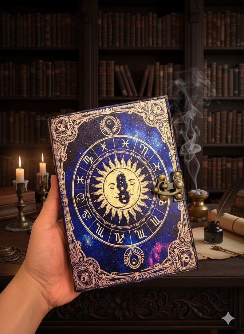 Puede incluir: Un diario azul oscuro con un dise&ntilde;o celestial que presenta un sol y una luna, rodeados de s&iacute;mbolos del zodiaco. La cubierta tiene un cierre dorado y detalles dorados ornamentados. El fondo incluye un entorno de biblioteca con velas y libros.
