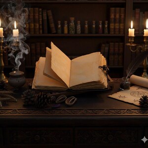 Puede incluir: Un libro antiguo abierto con p&aacute;ginas en blanco sobre un escritorio de madera oscura, rodeado de velas, un pergamino y una pluma. El humo se eleva de una peque&ntilde;a olla, sugiriendo un tema m&iacute;stico. Una estanter&iacute;a llena de libros est&aacute; en el fondo.