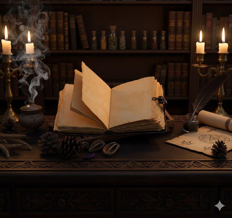Puede incluir: Un libro antiguo abierto con p&aacute;ginas en blanco sobre un escritorio de madera oscura, rodeado de velas, un pergamino y una pluma. El humo se eleva de una peque&ntilde;a olla, sugiriendo un tema m&iacute;stico. Una estanter&iacute;a llena de libros est&aacute; en el fondo.
