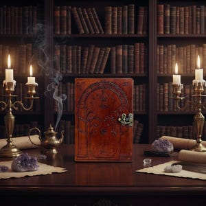 Puede incluir: Un libro encuadernado en cuero con intrincados dise&ntilde;os en relieve y un cierre met&aacute;lico descansa sobre una mesa de madera oscura. Candelabros de lat&oacute;n con velas encendidas, cristales de amatista y pergaminos crean un ambiente m&iacute;stico.