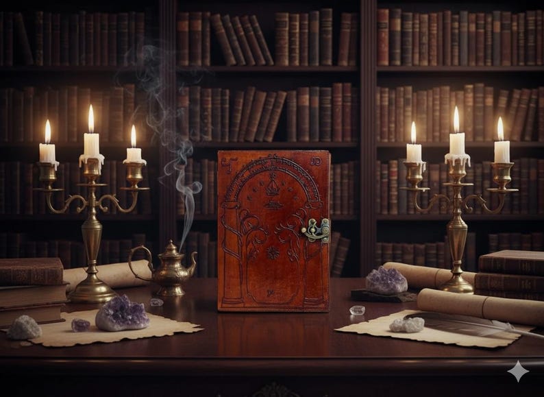 Puede incluir: Un libro encuadernado en cuero con intrincados dise&ntilde;os en relieve y un cierre met&aacute;lico descansa sobre una mesa de madera oscura. Candelabros de lat&oacute;n con velas encendidas, cristales de amatista y pergaminos crean un ambiente m&iacute;stico.