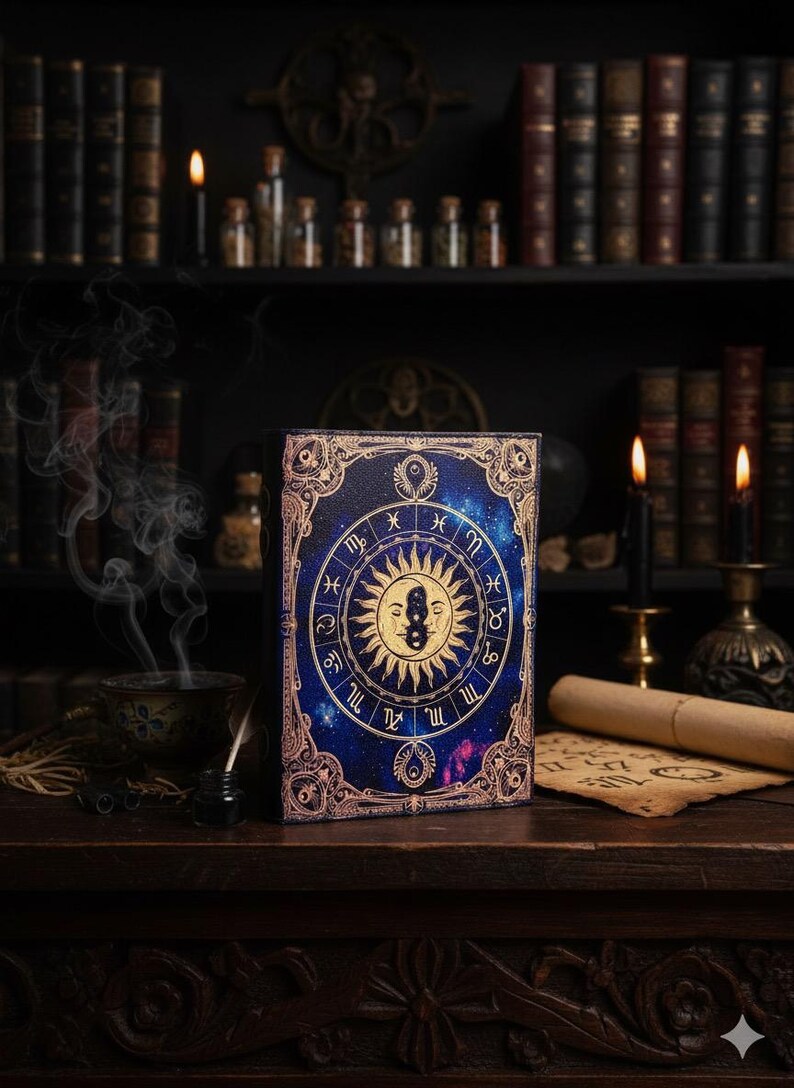 Puede incluir: Un libro de tapa dura con un dise&ntilde;o celestial que presenta un sol y una luna, rodeados de s&iacute;mbolos del zodiaco, sobre un fondo azul estrellado. El libro se exhibe sobre una superficie de madera oscura con velas y libros en el fondo.