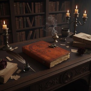 Puede incluir: Una escena de escritorio vintage con un gran libro encuadernado en cuero como punto focal. Velas encendidas, una pluma, un tintero y rosas se suman a la est&eacute;tica antigua. Estanter&iacute;as llenas de libros en el fondo, creando un ambiente acad&eacute;mico.