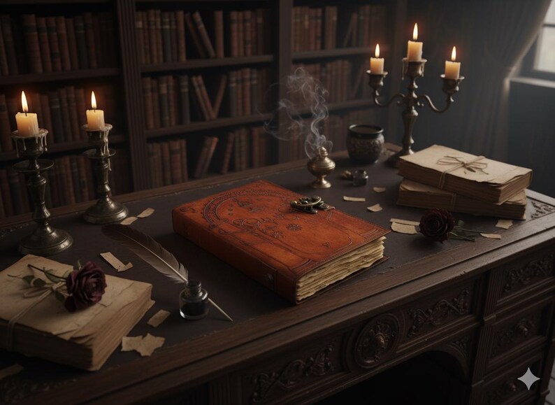 Puede incluir: Una escena de escritorio vintage con un gran libro encuadernado en cuero como punto focal. Velas encendidas, una pluma, un tintero y rosas se suman a la est&eacute;tica antigua. Estanter&iacute;as llenas de libros en el fondo, creando un ambiente acad&eacute;mico.