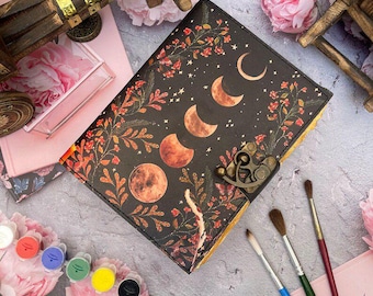 Diario de cuero vintage Grimoire, diario grueso hecho a mano con fases lunares, libro de hechizos de sombras en blanco, regalos celestiales para él y para ella.