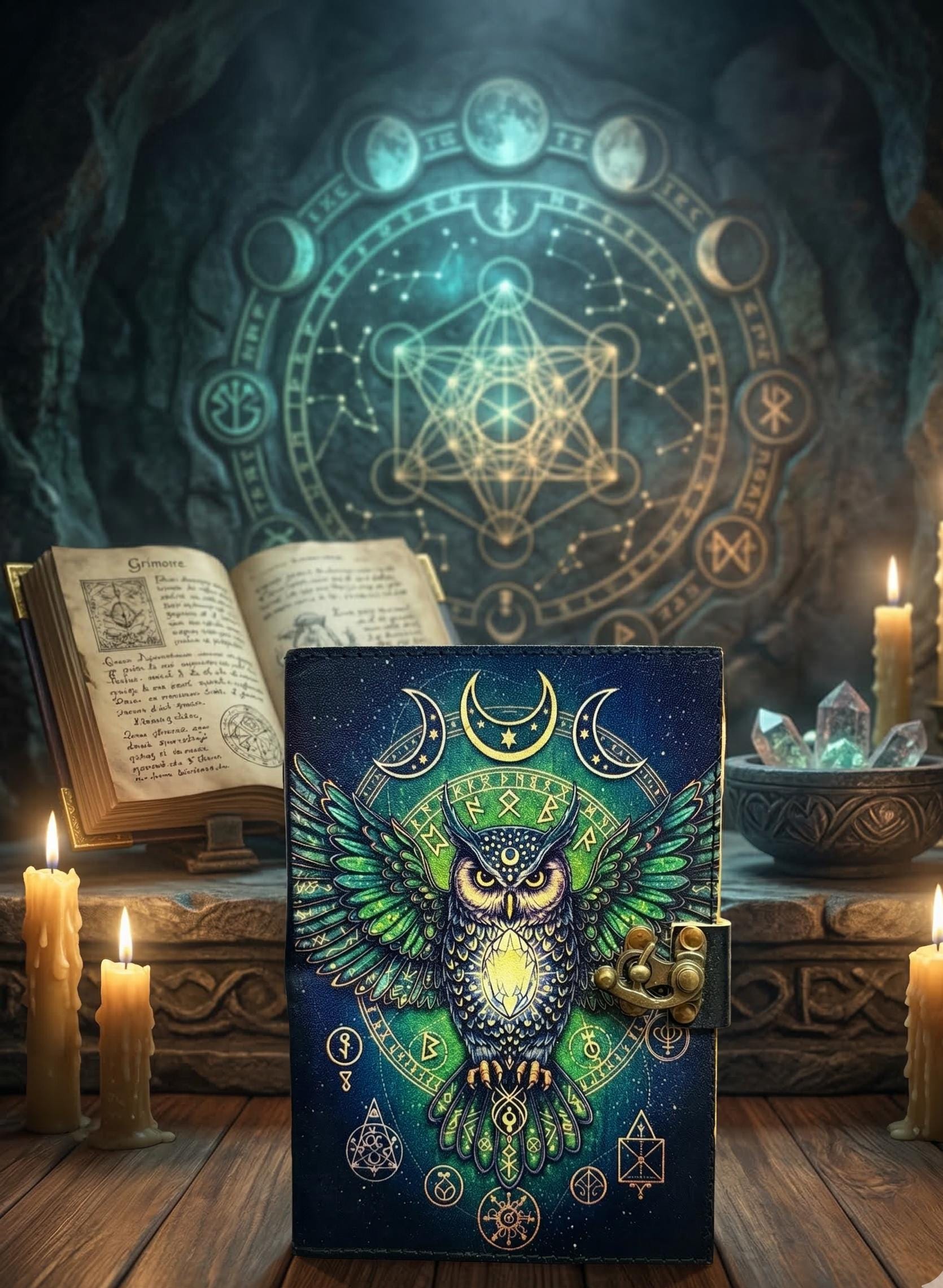 Owl Leather Journal Blank Spell Book Owl Journal Magic Owl Book Handmade Vintage Grimoire  Journal V