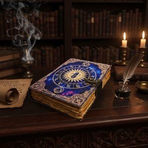 Puede incluir: Imagen detallada de un libro de tem&aacute;tica celestial con una cubierta azul y dorada, con s&iacute;mbolos del zodiaco y un dise&ntilde;o de sol. El libro est&aacute; sobre un escritorio de madera oscura con velas, una pluma y un pergamino.