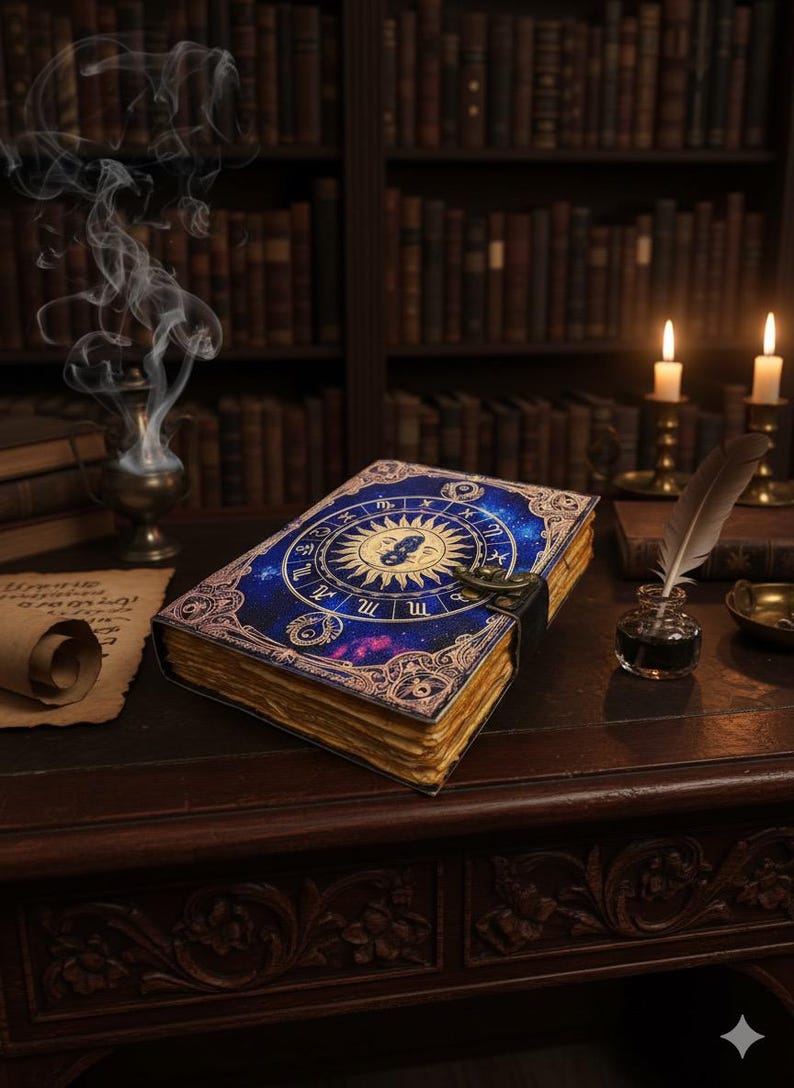 Puede incluir: Imagen detallada de un libro de tem&aacute;tica celestial con una cubierta azul y dorada, con s&iacute;mbolos del zodiaco y un dise&ntilde;o de sol. El libro est&aacute; sobre un escritorio de madera oscura con velas, una pluma y un pergamino.
