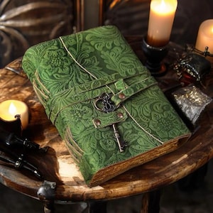 Green Floral journal Leather grimoire Handmade Leather Bound Journal -Book of Shadow Leather Sketchbook-Drawing gifts for him her.