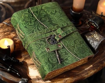 Diario de cuero con flores verdes, hecho a mano, vintage, de viaje, estético, con flores, regalo para mujer.