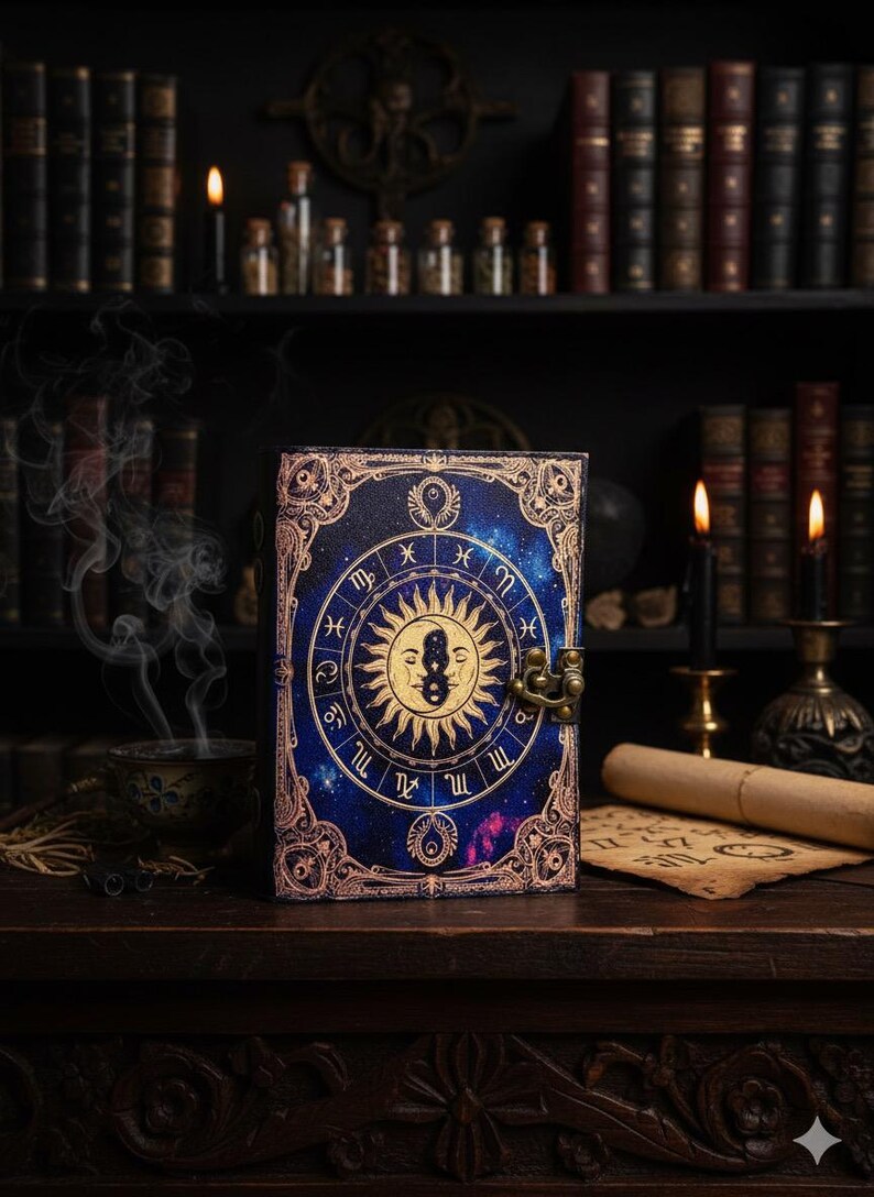 Puede incluir: Un diario azul oscuro con un dise&ntilde;o celestial que presenta s&iacute;mbolos del zod&iacute;aco y una ilustraci&oacute;n del sol y la luna. La cubierta tiene un borde y un cierre de color dorado. El diario est&aacute; sobre una superficie de madera con velas y libros en el fondo.