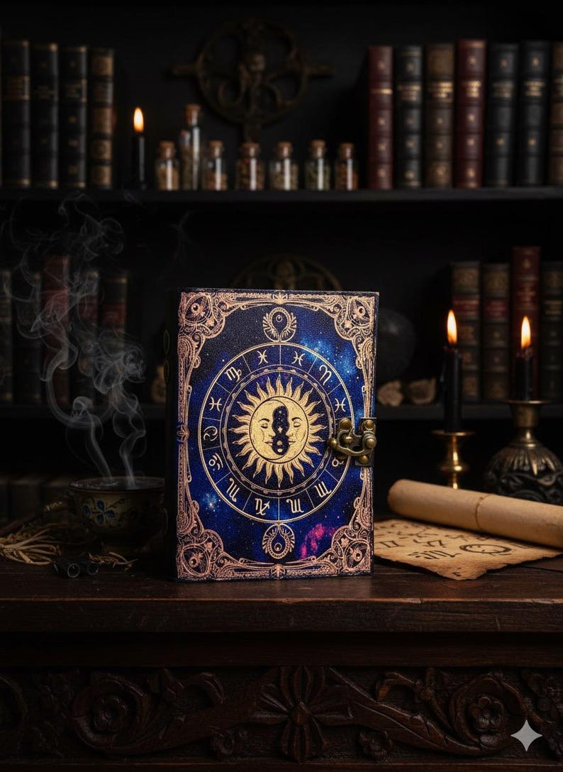 Puede incluir: Un diario azul oscuro con un dise&ntilde;o celestial que presenta s&iacute;mbolos del zod&iacute;aco y una ilustraci&oacute;n del sol y la luna. La portada tiene un borde decorativo y un cierre de metal. El diario est&aacute; sobre una superficie de madera con velas y libros en el fondo.