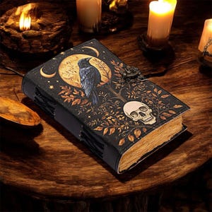 Grimoire Vintage leather journal, Raven Leather Journal, Blank spell book of shadows Celestial Gifts For Him Her