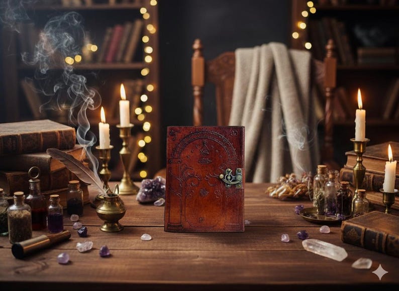 Puede incluir: Un diario de cuero marr&oacute;n con un cierre adornado descansa sobre una mesa de madera, rodeado de velas, libros y botellas de pociones. Una pluma descansa en un tintero de lat&oacute;n, con humo ascendente. La escena evoca un tema m&iacute;stico o de fantas&iacute;a.