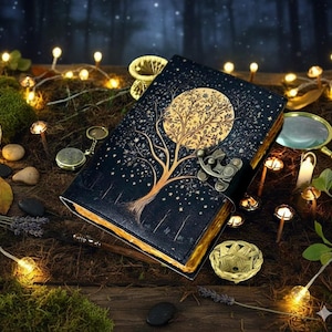 200 Page Grimoire Leather Journal With Tree of Life Design Vintage Book of Shadows, Witchcraft Blank Spell Notebook Celestial Gifts For Him
