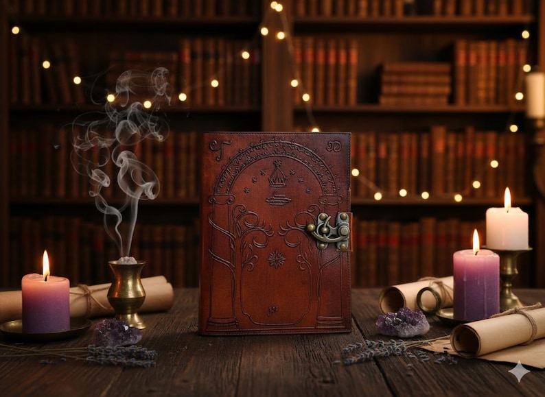 Puede incluir: Un diario de cuero marr&oacute;n con un dise&ntilde;o en relieve que presenta una puerta arqueada, &aacute;rboles y estrellas. El diario tiene un cierre de metal y est&aacute; rodeado de velas, pergaminos y cristales de amatista. El fondo incluye una estanter&iacute;a y luces de hadas.