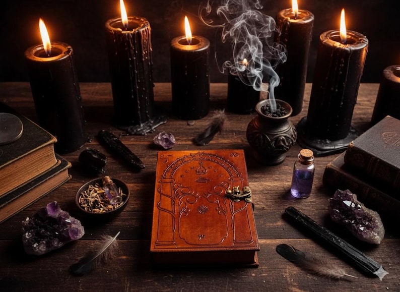 Puede incluir: Una naturaleza muerta m&iacute;stica con velas negras encendidas, un libro encuadernado en cuero, cristales, plumas y una olla humeante. La escena est&aacute; ambientada sobre una superficie de madera oscura, creando un ambiente misterioso.
