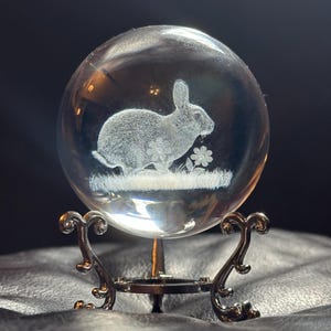 3D Laser Engraved Crystal Ball: Bunny Inside - Silver Stand