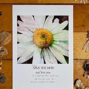 Carte de mariage personnalisée "Retenez cette date/ " Réservez la soirée ", impression de peinture marguerite originale faite à la main avec enveloppes blanches