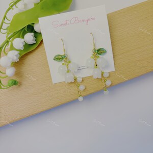 Gold Bell Flower Lily of the Valley earrings with Leaf, Botanical Jewelry, Wedding Dangles Drops