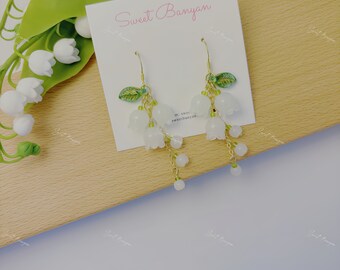 Gold Bell Flower Lily of the Valley earrings with Leaf, Botanical Jewelry, Wedding Dangles Drops