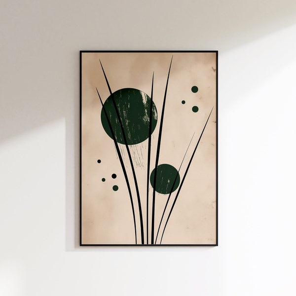 Modern Wall Art Oriental Style Dark Green Sphere Black Grass Minimalist Printable Art Piece Digital Download Japanese Style Art Gift Idea