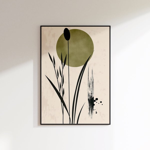 Modern Wall Art Oriental Style Grass Leaf Printable Minimalist Art Green Black Neutral Tone Art To Decorate Home And Office Great Gift Idea