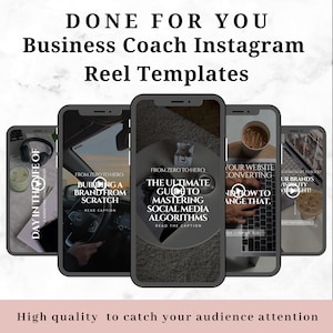 Può includere: Cinque diversi modelli di reel di Instagram per coach aziendali. I modelli presentano un'icona di pulsante di riproduzione e testo che recita: "Da zero a eroe." "Costruire un marchio da zero." "La guida definitiva per padroneggiare gli algoritmi dei social media." "Il tuo sito web si converte? Scopri come cambiare questo." "Strategizza per aumentare la visibilità del tuo marchio subito!"