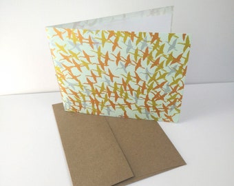 Handsewn Blank Card | REcycled cotton rag | Deckled Edge | Silk screened Washi | Chiyogami | Eco friendly card | Metallic birds