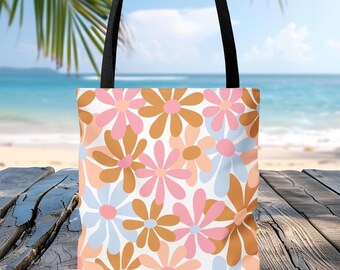 Pastel Floral Tote Bag, Retro Daisy Pattern Bag, Cute Reusable Tote Gift for Her