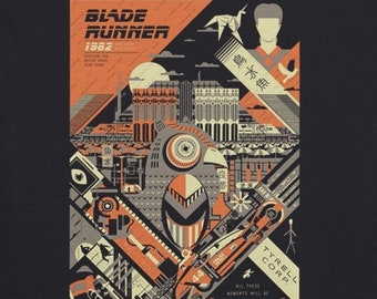 May include: Black t-shirt featuring a colorful graphic design from the movie Blade Runner. The design includes the text "Blade Runner 1982", along with other text and imagery in orange, gray, and white.