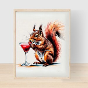 Squirrel Drinking Martini Wall Art, Strawberry Martini, Printable Cute Squirrel Drinking Martini Poster, Squirrel Nursery Poster