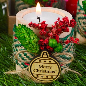 Handcrafted Christmas Gifts for Coworkers,Personalized candles Wooden Holder,Unique candle Boho Xmas Noel favors,Happy Holiday Favors Candle