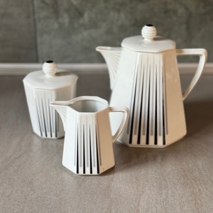 Vintage 1950s Schirnding Bavaria Mid-Century Porcelain Coffee Tea Set - Elegant White with Black & Gray Details - Rare Collectible Tableware