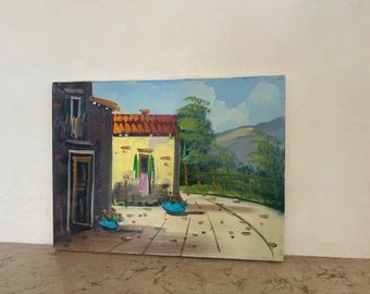 Paisaje de casa toscana pintado a mano / Arte original de la campiña mediterránea italiana / Decoración rústica de pared