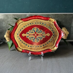 Vintage Red Florentine Wooden Tray – Hand-painted Engraved Italian ...