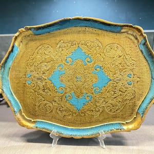 Vintage XXL Florentine Tray: Hand-Painted Gold & Light Blue Italian Wood