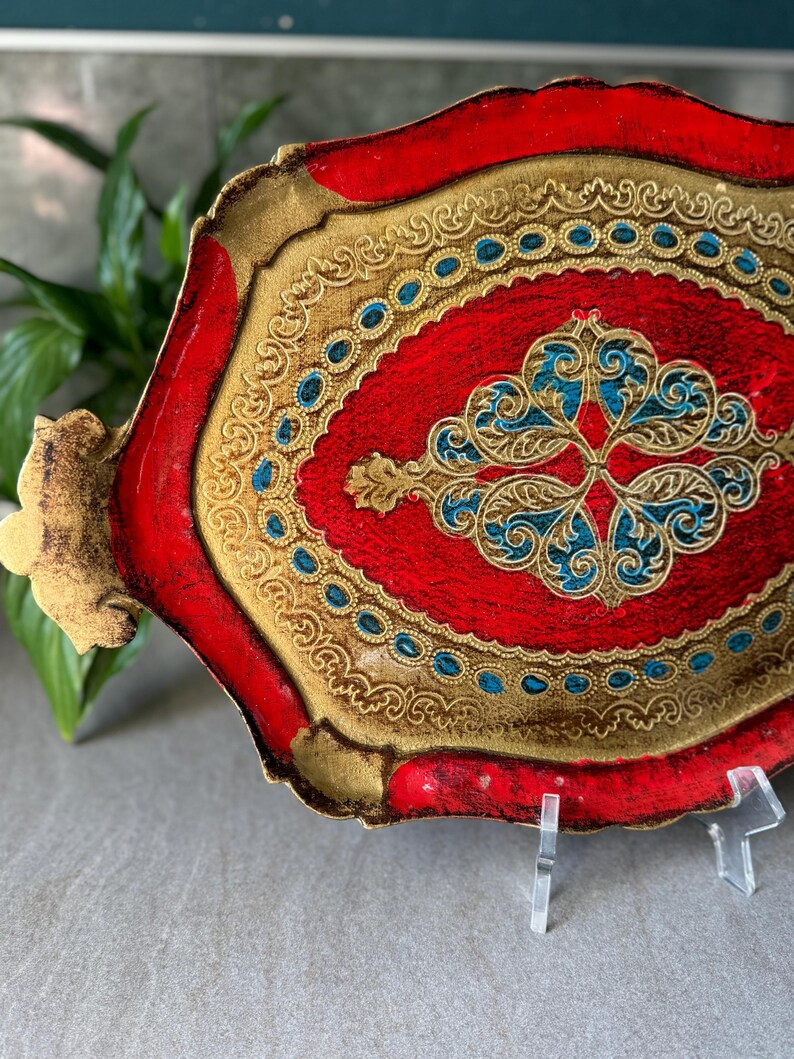 Vintage Red Florentine Wooden Tray – Hand-painted Engraved Italian ...